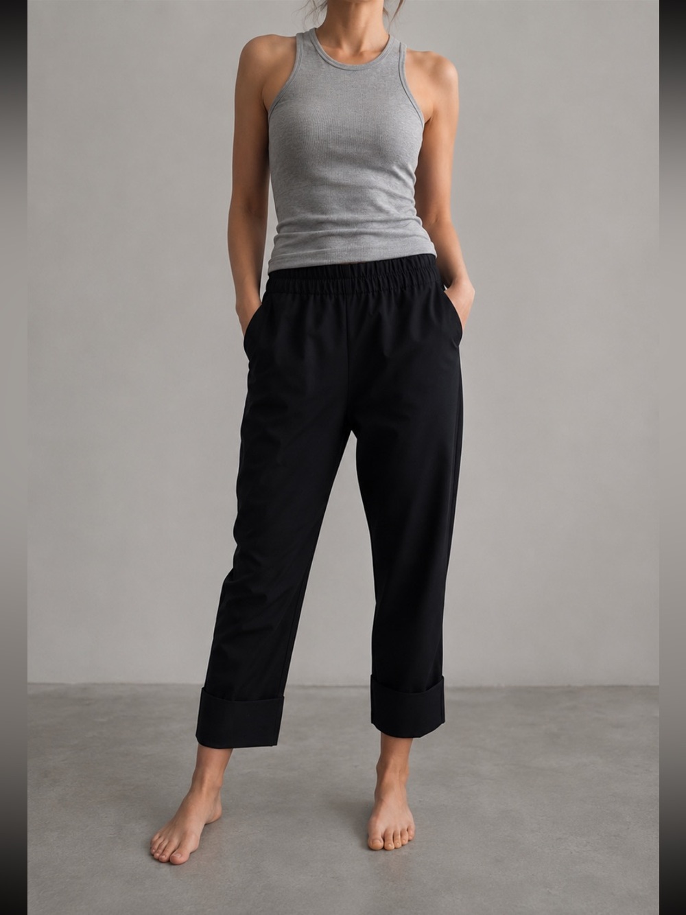 Zara Cropped Tapered Pants Black Elastic Waist Cuffed Hem Size S